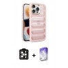 MARSİLYAN™- iPhone 15 Pro Max Kılıf Yadigar Doku Özel Seri - Siyah Bilvis 5in1 3D Magic Cam Ekran Koruyucu + Turuncu PVD Metal Kamera Lens