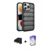 MARSİLYAN™- iPhone 15 Pro Max Kılıf Yadigar Doku Özel Seri - Siyah Bilvis 5in1 3D Magic Cam Ekran Koruyucu + Siyah Raze Metal Kamera Lens
