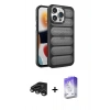 MARSİLYAN™- iPhone 15 Pro Max Kılıf Yadigar Doku Özel Seri - Siyah Bilvis 5in1 3D Magic Cam Ekran Koruyucu + Raze Metal Kamera Lens - TMGI