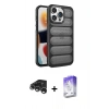 MARSİLYAN™- iPhone 15 Pro Max Kılıf Yadigar Doku Özel Seri - Siyah Bilvis 5in1 3D Magic Cam Ekran Koruyucu + Gümüş Raze Metal Kamera Lens