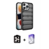 MARSİLYAN™- iPhone 15 Pro Max Kılıf Yadigar Doku Özel Seri - Siyah Bilvis 5in1 3D Magic Cam Ekran Koruyucu + Turuncu PVD Metal Kamera Lens