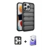 MARSİLYAN™- iPhone 15 Pro Max Kılıf Yadigar Doku Özel Seri - Siyah Bilvis 5in1 5D Magic Hayalet Cam Ekran Koruyucu + PVD Metal Kamera Lens - GS