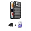 MARSİLYAN™- iPhone 15 Pro Max Kılıf Yadigar Doku Özel Seri - Siyah Bilvis 5in1 5D Magic Hayalet Cam Ekran Koruyucu + Raze Metal Kamera Lens - TMGI