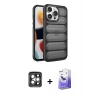 MARSİLYAN™- iPhone 15 Pro Max Kılıf Yadigar Doku Özel Seri - Siyah Bilvis 5in1 5D Magic Hayalet Cam Ekran Koruyucu + PVD Metal Kamera Lens - GI