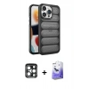 MARSİLYAN™- iPhone 15 Pro Max Kılıf Yadigar Doku Özel Seri - Siyah Bilvis 5in1 5D Magic Hayalet Cam Ekran Koruyucu + PVD Metal Kamera Lens - LT