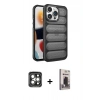 MARSİLYAN™- iPhone 15 Pro Max Kılıf Yadigar Doku Özel Seri - Siyah Bilvis Hayalet Cam Ekran Koruyucu + Gri PVD Metal Kamera Lens