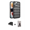 MARSİLYAN™- iPhone 15 Pro Max Kılıf Yadigar Doku Özel Seri - Siyah Bilvis Hayalet Cam Ekran Koruyucu + Gümüş Raze Metal Kamera Lens