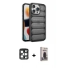 MARSİLYAN™- iPhone 15 Pro Max Kılıf Yadigar Doku Özel Seri - Siyah Bilvis Hayalet Cam Ekran Koruyucu + PVD Metal Kamera Lens - LT