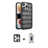 MARSİLYAN™- iPhone 15 Pro Max Kılıf Yadigar Doku Özel Seri - Siyah Bilvis Hayalet Cam Ekran Koruyucu + PVD Metal Kamera Lens - GS