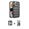 MARSİLYAN™- iPhone 15 Pro Max Kılıf Yadigar Doku Özel Seri - Siyah Bilvis Hayalet Cam Ekran Koruyucu + PVD Metal Kamera Lens - GS