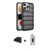 MARSİLYAN™- iPhone 15 Pro Max Kılıf Yadigar Doku Özel Seri - Siyah Bilvis Hayalet Cam Ekran Koruyucu + Raze Metal Kamera Lens - SH