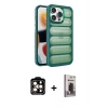 MARSİLYAN™- iPhone 15 Pro Max Kılıf Yadigar Doku Özel Seri - Siyah Bilvis Hayalet Cam Ekran Koruyucu + Turuncu PVD Metal Kamera Lens