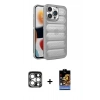 MARSİLYAN™- iPhone 15 Pro Max Kılıf Yadigar Doku Özel Seri - Siyah Buffer Hayalet Cam Ekran Koruyucu + Gümüş PVD Metal Kamera Lens