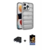 MARSİLYAN™- iPhone 15 Pro Max Kılıf Yadigar Doku Özel Seri - Siyah Buffer Hayalet Cam Ekran Koruyucu + Lacivert Raze Metal Kamera Lens