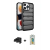MARSİLYAN™- iPhone 15 Pro Max Kılıf Yadigar Doku Özel Seri - Siyah Polymer Nano Ekran Koruyucu + Titanyum Gri Raze Metal Kamera Lens