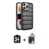 MARSİLYAN™- iPhone 15 Pro Max Kılıf Yadigar Doku Özel Seri - Siyah Vanessa Magic Cam + Turuncu PVD Metal Kamera Lens