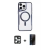 MARSİLYAN™- iPhone 15 Pro Max Kılıf Yadigar Klasik Özel Seri - Siyah 3D Antistatik Hayalet Cam Ekran Koruyucu + Lacivert PVD Metal Kamera Lens