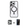 MARSİLYAN™- iPhone 15 Pro Max Kılıf Yadigar Klasik Özel Seri - Siyah 3D Antistatik Hayalet Cam Ekran Koruyucu + Lacivert PVD Metal Kamera Lens
