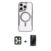 MARSİLYAN™- iPhone 15 Pro Max Kılıf Yadigar Klasik Özel Seri - Siyah 3D Antistatik Hayalet Cam Ekran Koruyucu + Lacivert PVD Metal Kamera Lens