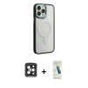 MARSİLYAN™- iPhone 15 Pro Max Kılıf Yankı Işık Özel Seri - Şeffaf Pasifik Cam Ekran Koruyucu + Siyah PVD Metal Kamera Lens
