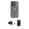 MARSİLYAN™- iPhone 15 Pro Max Kılıf Yankı Işık Özel Seri - Siyah 3D Antistatik Hayalet Cam Ekran Koruyucu + Lacivert Raze Metal Kamera Lens