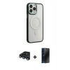 MARSİLYAN™- iPhone 15 Pro Max Kılıf Yankı Işık Özel Seri - Siyah 3D Antistatik Hayalet Cam Ekran Koruyucu + Lacivert Raze Metal Kamera Lens