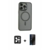 MARSİLYAN™- iPhone 15 Pro Max Kılıf Yankı Işık Özel Seri - Siyah 3D Antistatik Hayalet Cam Ekran Koruyucu + Siyah PVD Metal Kamera Lens