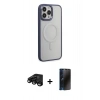 MARSİLYAN™- iPhone 15 Pro Max Kılıf Yankı Işık Özel Seri - Siyah 3D Antistatik Hayalet Cam Ekran Koruyucu + Raze Metal Kamera Lens - SH