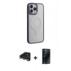 MARSİLYAN™- iPhone 15 Pro Max Kılıf Yankı Işık Özel Seri - Siyah 3D Antistatik Hayalet Cam Ekran Koruyucu + Lacivert Raze Metal Kamera Lens