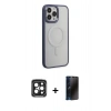 MARSİLYAN™- iPhone 15 Pro Max Kılıf Yankı Işık Özel Seri - Siyah 3D Antistatik Hayalet Cam Ekran Koruyucu + Siyah PVD Metal Kamera Lens