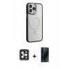 MARSİLYAN™- iPhone 15 Pro Max Kılıf Yankı Işık Özel Seri - Siyah 3D Antistatik Hayalet Cam Ekran Koruyucu + Siyah PVD Metal Kamera Lens