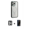 MARSİLYAN™- iPhone 15 Pro Max Kılıf Yankı Işık Özel Seri - Siyah 3D Antistatik Hayalet Cam Ekran Koruyucu + PVD Metal Kamera Lens - LT