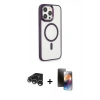 MARSİLYAN™- iPhone 15 Pro Max Kılıf Yankı Işık Özel Seri - Siyah 3D Antistatik Mat Seramik Nano Ekran Koruyucu + Gümüş Raze Metal Kamera Lens