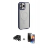 MARSİLYAN™- iPhone 15 Pro Max Kılıf Yankı Işık Özel Seri - Siyah 3D Antistatik Mat Seramik Nano Ekran Koruyucu + Gümüş Raze Metal Kamera Lens