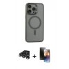 MARSİLYAN™- iPhone 15 Pro Max Kılıf Yankı Işık Özel Seri - Siyah 3D Antistatik Mat Seramik Nano Ekran Koruyucu + Gümüş Raze Metal Kamera Lens