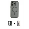 MARSİLYAN™- iPhone 15 Pro Max Kılıf Yankı Işık Özel Seri - Siyah Bilvis 3D Mat Cam Ekran Koruyucu + PVD Metal Kamera Lens - LT