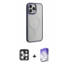 MARSİLYAN™- iPhone 15 Pro Max Kılıf Yankı Işık Özel Seri - Siyah Bilvis 5in1 3D Magic Cam Ekran Koruyucu + Lacivert PVD Metal Kamera Lens