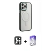 MARSİLYAN™- iPhone 15 Pro Max Kılıf Yankı Işık Özel Seri - Siyah Bilvis 5in1 3D Magic Cam Ekran Koruyucu + Lacivert PVD Metal Kamera Lens