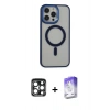 MARSİLYAN™- iPhone 15 Pro Max Kılıf Yankı Işık Özel Seri - Siyah Bilvis 5in1 3D Magic Cam Ekran Koruyucu + Lacivert PVD Metal Kamera Lens