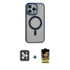 MARSİLYAN™- iPhone 15 Pro Max Kılıf Yankı Işık Özel Seri - Siyah Buffer Cam Ekran Koruyucu + Gri PVD Metal Kamera Lens