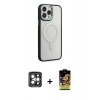 MARSİLYAN™- iPhone 15 Pro Max Kılıf Yankı Işık Özel Seri - Siyah Buffer Cam Ekran Koruyucu + Gri PVD Metal Kamera Lens