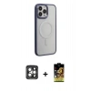 MARSİLYAN™- iPhone 15 Pro Max Kılıf Yankı Işık Özel Seri - Siyah Buffer Cam Ekran Koruyucu + Gri PVD Metal Kamera Lens