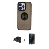 MARSİLYAN™- iPhone 15 Pro Max Kılıf Yörünge Çizgi - Siyah 3D Antistatik Hayalet Cam Ekran Koruyucu + Titanyum Gri Raze Metal Kamera Lens