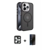 MARSİLYAN™- iPhone 15 Pro Max Kılıf Yörünge Klasik - Siyah 3D Antistatik Hayalet Cam Ekran Koruyucu + PVD Metal Kamera Lens - LT