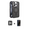 MARSİLYAN™- iPhone 15 Pro Max Kılıf Yörünge Klasik - Siyah 3D Antistatik Hayalet Cam Ekran Koruyucu + PVD Metal Kamera Lens - SH
