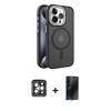 MARSİLYAN™- iPhone 15 Pro Max Kılıf Yörünge Klasik - Siyah 3D Antistatik Hayalet Cam Ekran Koruyucu + PVD Metal Kamera Lens - GI