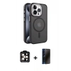 MARSİLYAN™- iPhone 15 Pro Max Kılıf Yörünge Klasik - Siyah 3D Antistatik Hayalet Cam Ekran Koruyucu + PVD Metal Kamera Lens - TU