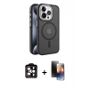MARSİLYAN™- iPhone 15 Pro Max Kılıf Yörünge Klasik - Siyah 3D Antistatik Mat Seramik Nano Ekran Koruyucu + Turuncu PVD Metal Kamera Lens