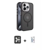 MARSİLYAN™- iPhone 15 Pro Max Kılıf Yörünge Klasik - Siyah Bilvis 0.18mm Plus Cam Ekran Koruyucu + PVD Metal Kamera Lens - GI