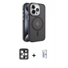 MARSİLYAN™- iPhone 15 Pro Max Kılıf Yörünge Klasik - Siyah Bilvis 0.18mm Plus Cam Ekran Koruyucu + PVD Metal Kamera Lens - LT